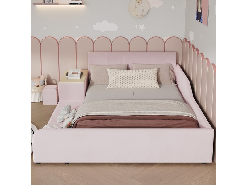 Lit enfant 140x200cm - avec bureau latéral, tabouret et étagères de rangement intégrés, tête de lit et rebords de sécurité – velours – rose - Conforama D