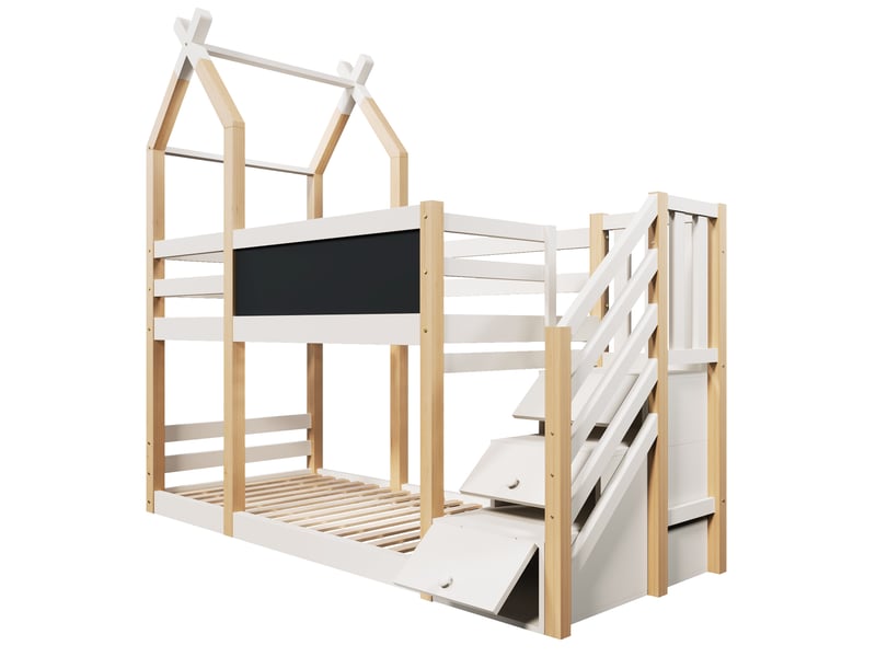  Lit superposé enfant cabane 90x200 cm - bois blanc, rangements, tableau, sécurité, sans matelas  - Conforama A