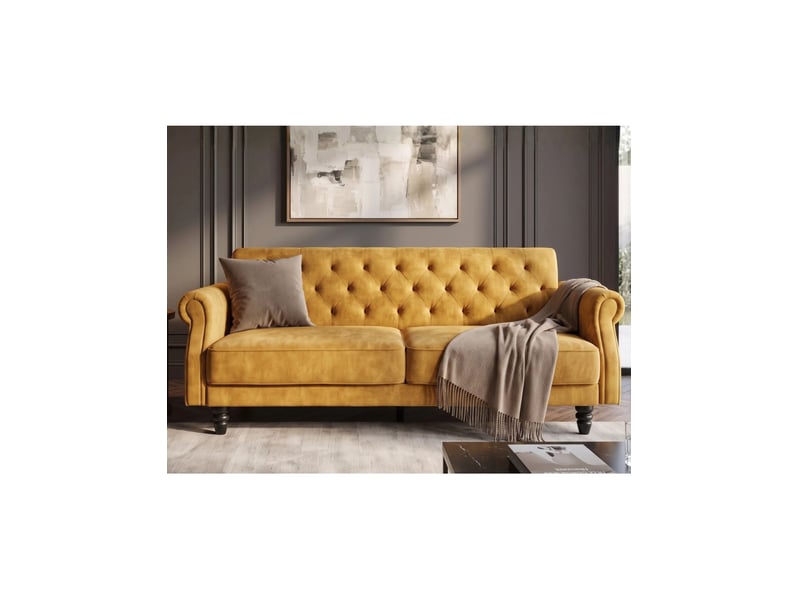  Canapé convertible miles 3 places 220x90cm - velours jaune moutarde - couchage 110x180cm  - Conforama E