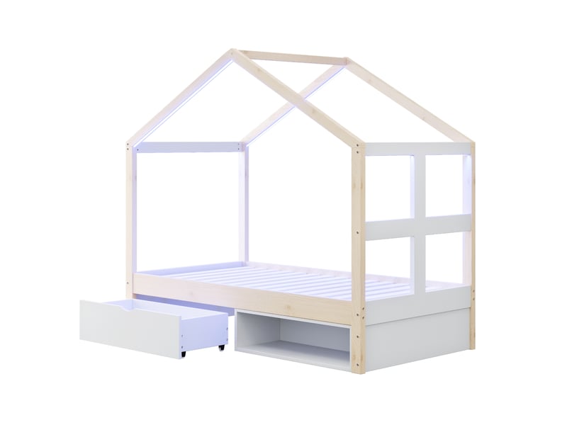  Modenvie lit cabane 90x190 cm - rangement intégré, éclairage led multicolore - pour chambre d'enfant - naturel  - Conforama A