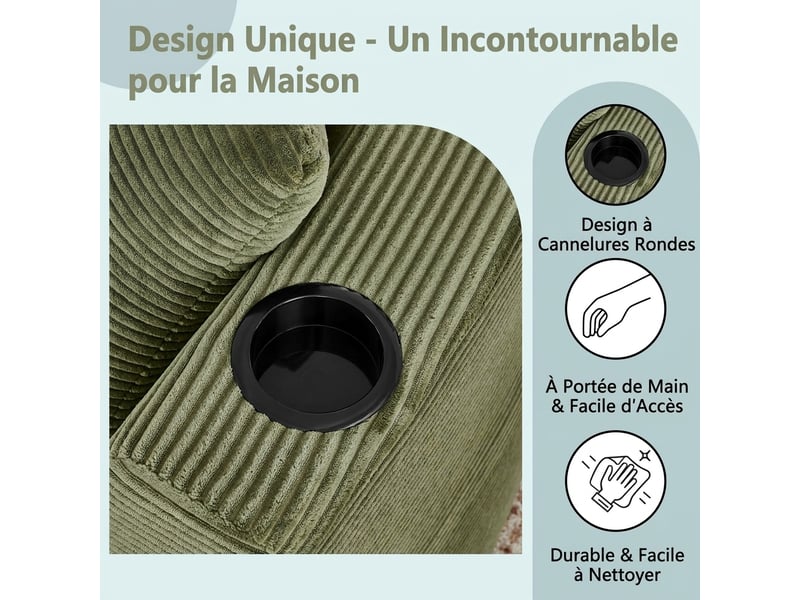 Canapé 3 places d'angle droit vert - design incurvé en velours côtelé doux avec porte-gobelet - Conforama R