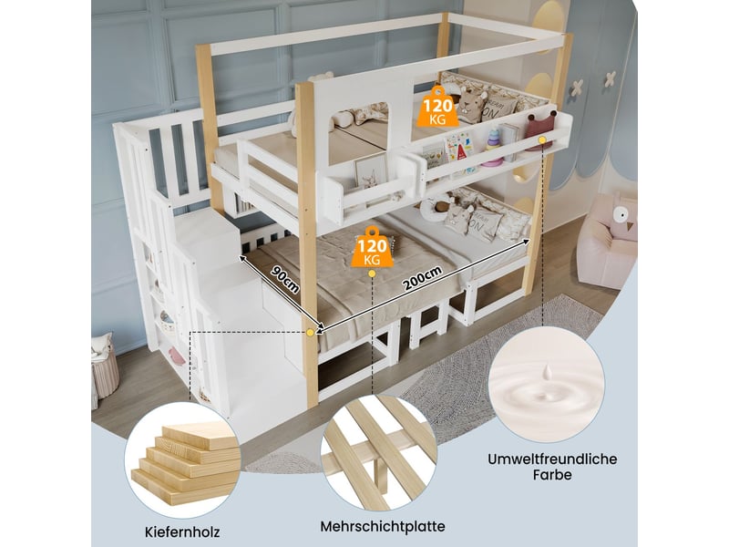  Lit mezzanine enfant 90x200cm avec bureau rabattable - lit enfant - escalier rangement et étagère, pin+mdf, blanc et naturel  - Conforama E