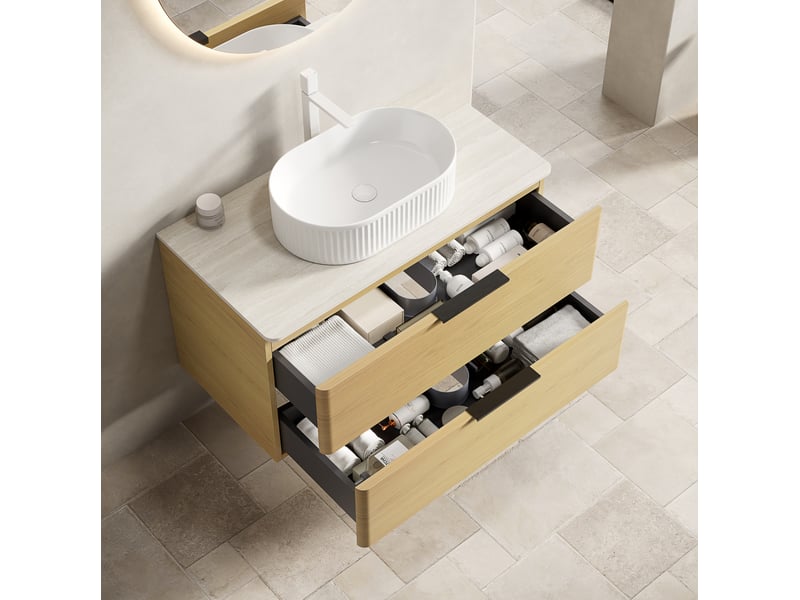  Meuble sous vasque suspendu avec 2 tiroirs, vasque ovale et plan en pierre frittée pour salle de bain 90 × 46 × 62,2 cm  - Conforama D
