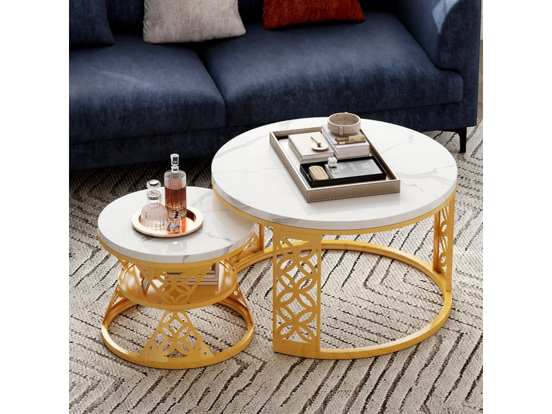  Table basse gigogne ronde 70x70x4545x45x37 cm, coloris blanc et dore  - Conforama D