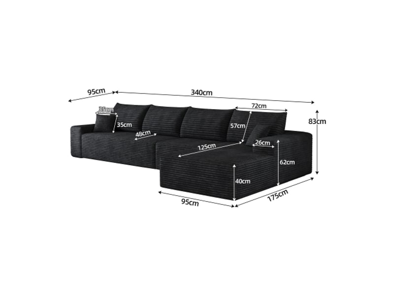  Canapé d'angle noir 340 cm modulaire - chaise-longue en l, siège profond, prêt à poser, sans montage, salon  - Conforama C