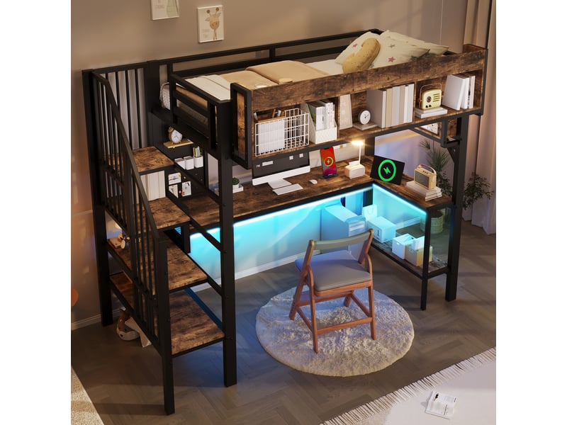  Lit mezzanine enfant  90x200- lit mezzanine avec bureau - bureau d'angle led usb-c et rangement - 1 place marron vintage et noir  - Conforama B