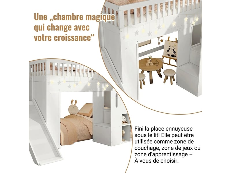 Lit superposé enfant 90x200 avec toboggan et escalier de rangement - bois massif blanc - Conforama D