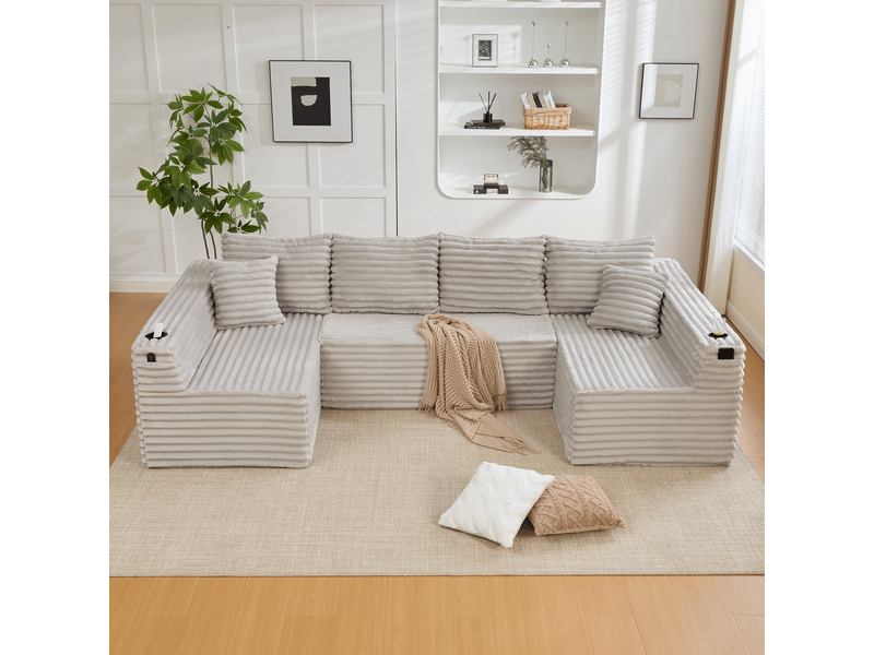  Canapé d'angle panoramique fixe 6 places tissu gris clair canapé compressible - Conforama D