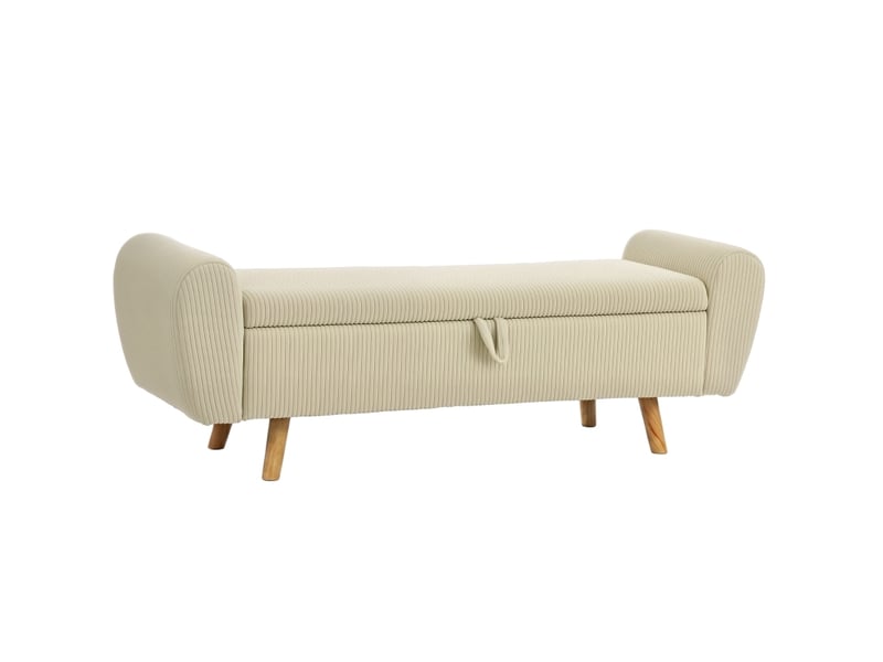  Banc de rangement en velours côtelé beige avec accoudoirs roulés et pieds en bois  - Conforama A