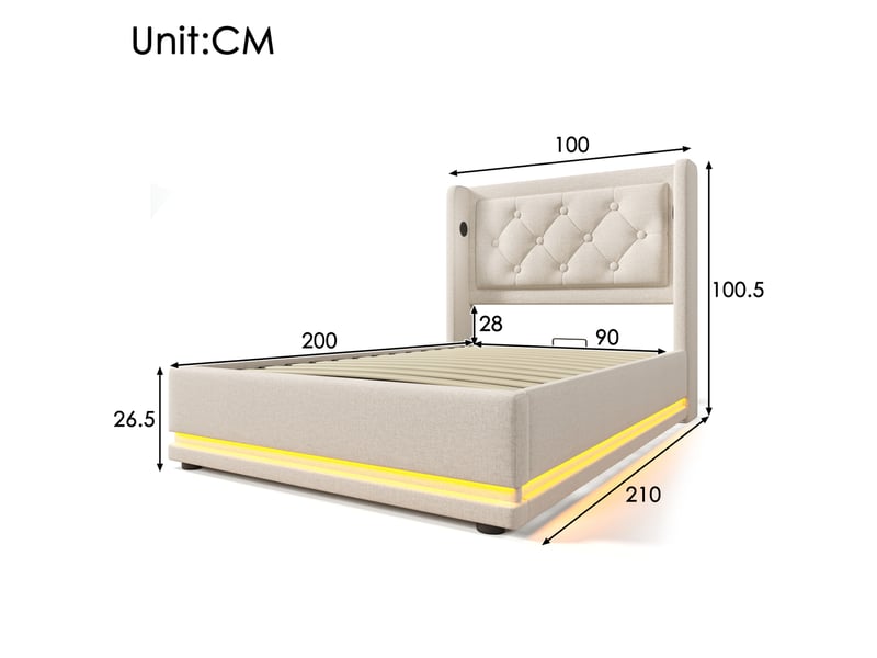 Lit simple coffre 90x200 cm en coton beige avec led, usb et usb-c - Conforama E