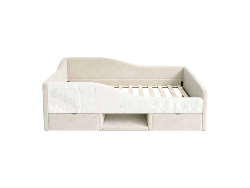  Lit enfant rembourré 90 x 190 cm avec 2 tiroirs, barrières de sécurité et sommier à lattes, velours beige, sans matelas  - Conforama E