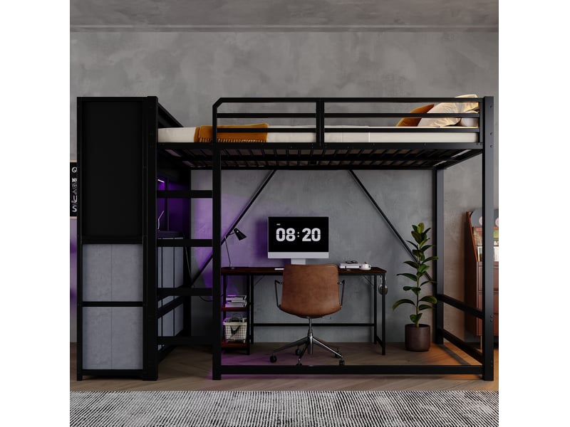  Lit mezzanine modenvie 120 x 200 cm métal noir et gris avec rangement latéral éclairage et station de charge  - Conforama E