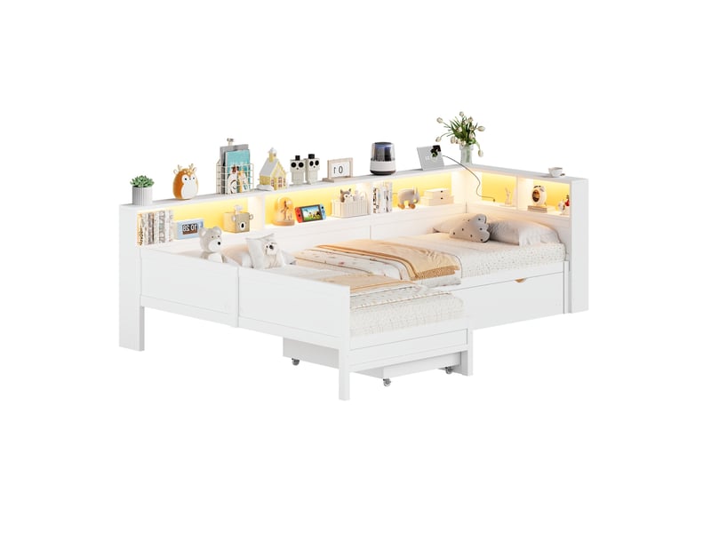 Lit enfant 90x200 cm gigogne en l avec led, prise usb-c, mdf blanc, sans matelas  - Conforama A
