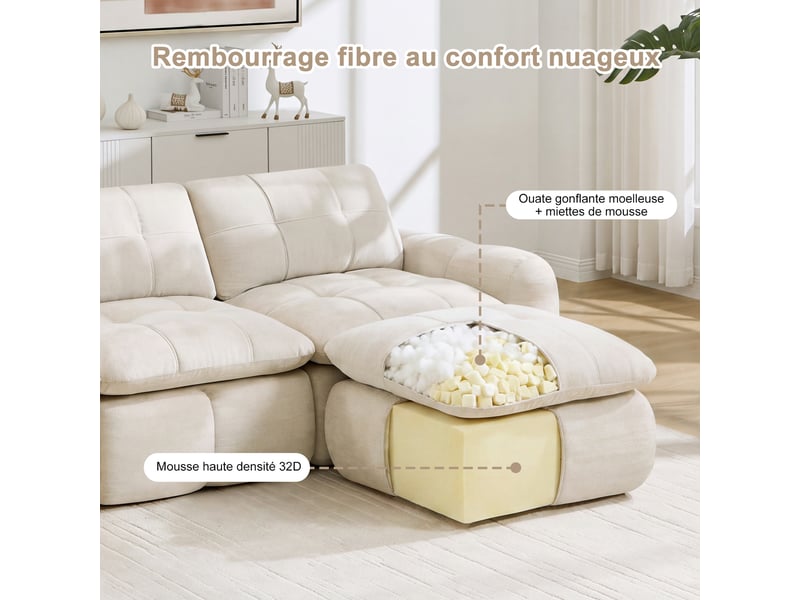  Canapé 4 places, revêtement en tissu chenille, sans assemblage, beige  - Conforama E
