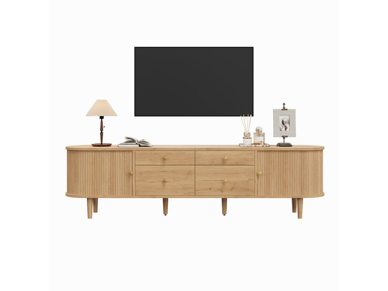  Meuble tv bas 180x35x50 cm, 4 tiroirs, 2 portes coulissantes, extrémités arrondies Fay Lum - Conforama A