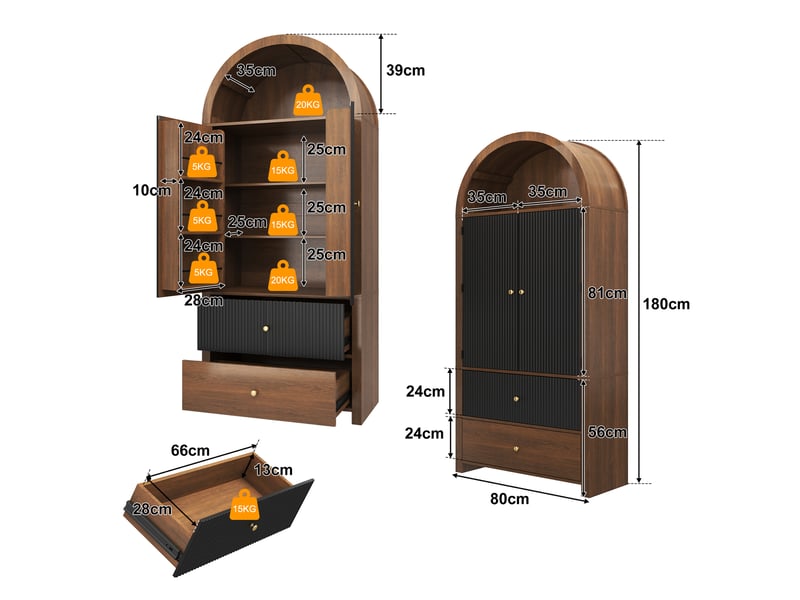  Buffet vitrine,80x40x180 cm,avec rangement,mdf,noir et naturel  - Conforama B
