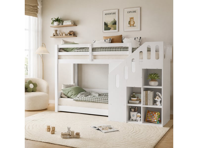  Lit superposé enfant 90x200 cm avec escalier de rangement bois blanc sans matelas  - Conforama B