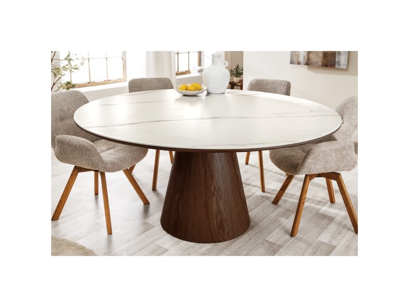 Table de salle à manger lumea – ronde 120 cm – plateau céramique effet marbre blanc – pied plaqué en noyer – style contemporain - Conforama B