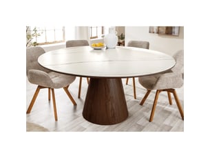 Table de salle à manger lumea – ronde 120 cm – plateau céramique effet marbre blanc – pied plaqué en noyer – style contemporain