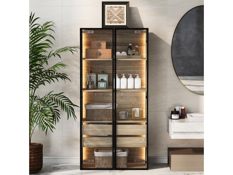 Meuble de rangement suspendu ou à poser 74x36x155 cm, pour salle de bain, en mdf naturel, portes vitrées, éclairage led - Conforama B