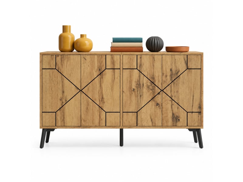  Buffet ulevr 4 portes avec rangement 120 x 35 x 69 cm, mdf et métal, décor chêne naturel, ouverture par pression  - Conforama A