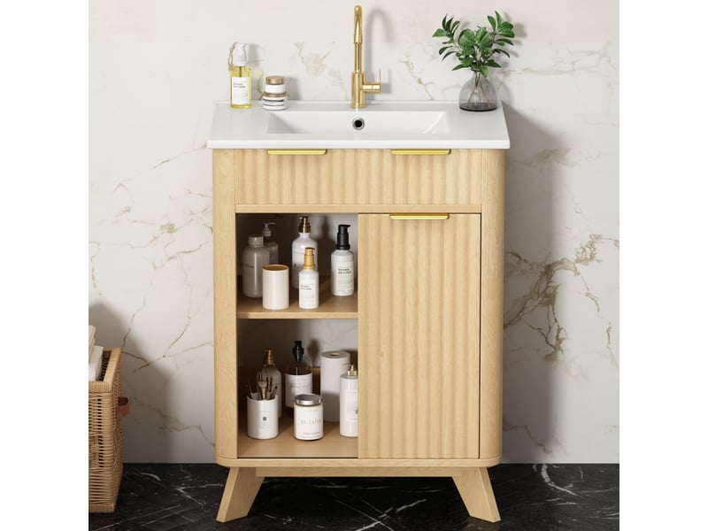  Meuble de salle de bain - 61x47x90cm - meuble sous-vasque avec vasque céramique, porte coulissante &amp; 3 tiroirs - bois naturel  - Conforama C