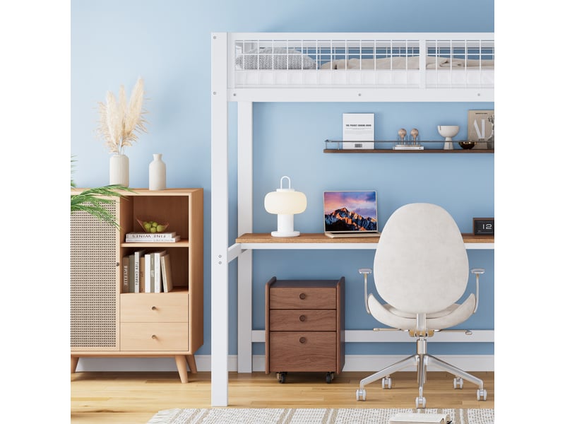  Lit superposé 90x200cm, structure métal et mdf, bureau et rangements, échelle cinq marches, garde-corps  - Conforama C