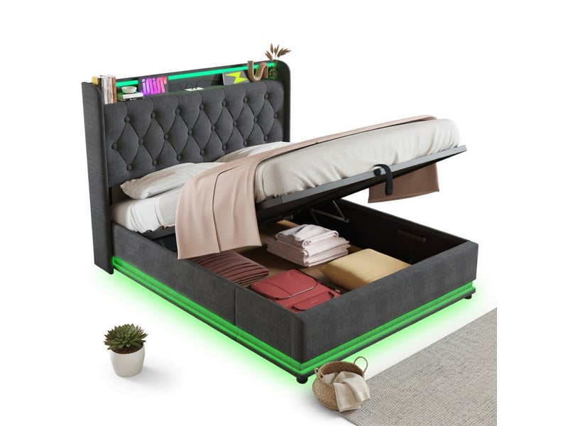 Lit coffre 160x200 cm avec led 360, usb type c, hydraulique, gris lin, avec matelas - Conforama A