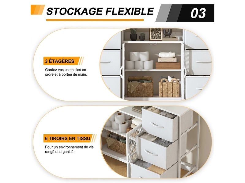 Meuble tv commode 120x30x75 cm six tiroirs tissu portes metal blanc moderne  - Conforama C