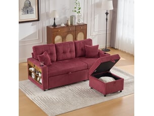 Canapé convertible modenvie 3 places avec rangement usb-c led velours côtelé rouge bordeaux 196 x 82-144 x 85 cm