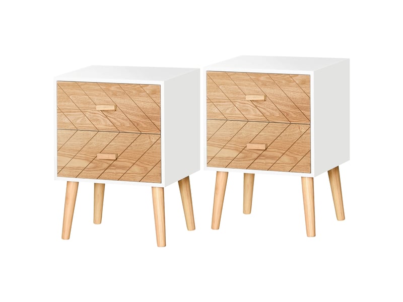 Chevet table de nuit design scandinave 40l x 30l x 56h cm tiroirs bois massif pin mdf blanc et hêtre motif graphique  - Conforama B