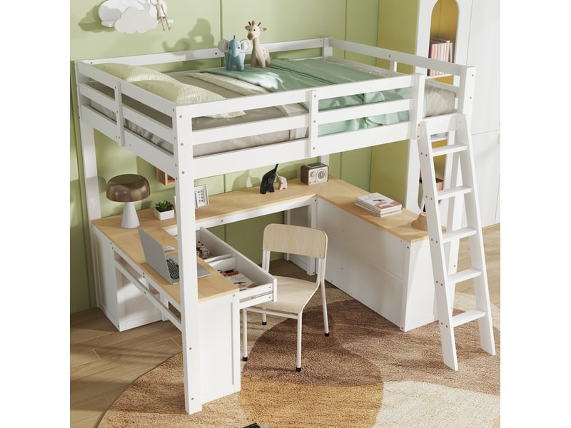 Lit mezzanine enfant 140x200 cm – blanc et naturel – bureau en u, 2 tiroirs et étagère intégrée - sans matelas - Conforama B
