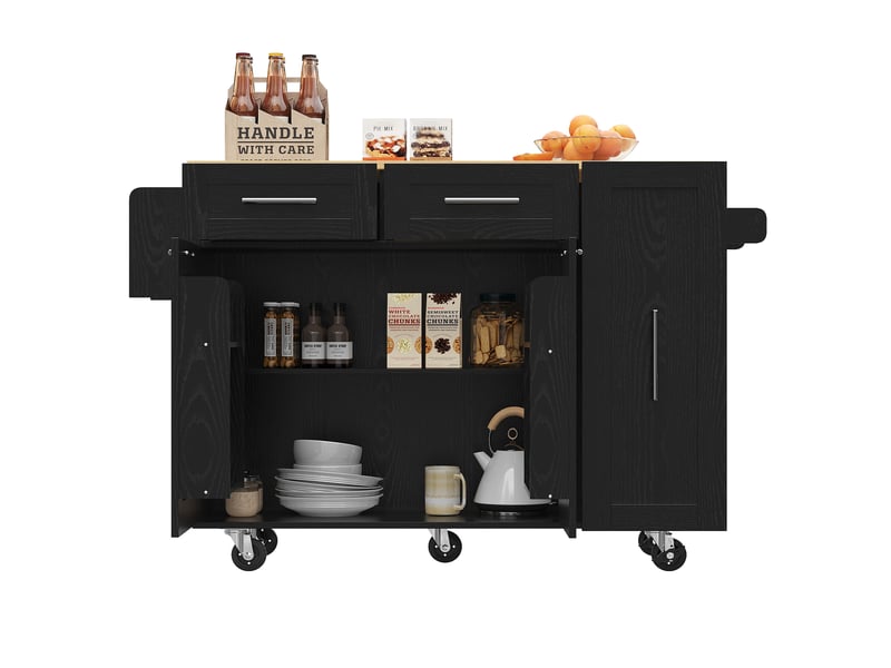 Desserte roulante,chariot de cuisine avec 2 portes,2 tiroirs,étagères à snack,plateau pliable,porte-serviettes et étagère latérale,noir desserte noir - Conforama D
