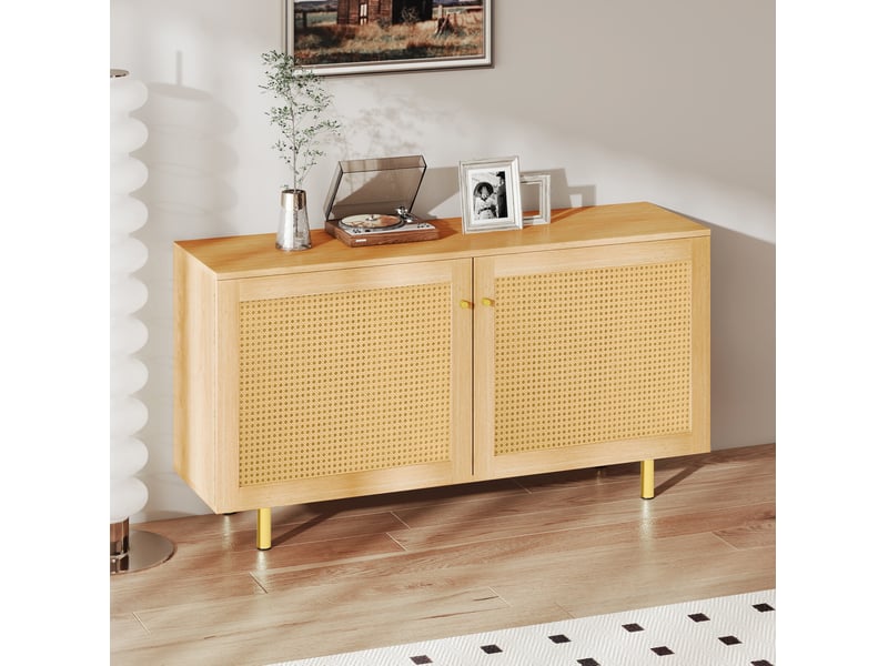  Buffet bas 2 portes en mdf naturel avec portes en rotin tressé - 120 x 40 x 63 cm  - Conforama B