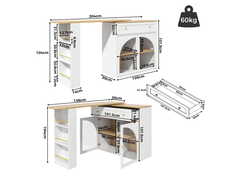  Bar blanc - 204cm table de bar blanc - Conforama C