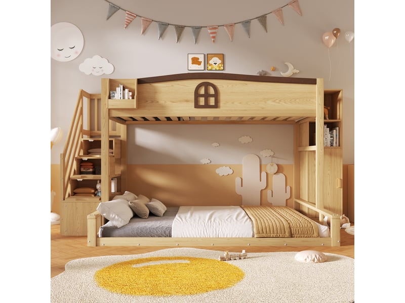Lit superposé enfant 90x200140x200 cm, 3 couchages, escalier avec rangements, armoire intégrée, fenêtre décorative, pin et mdf naturel - Conforama C