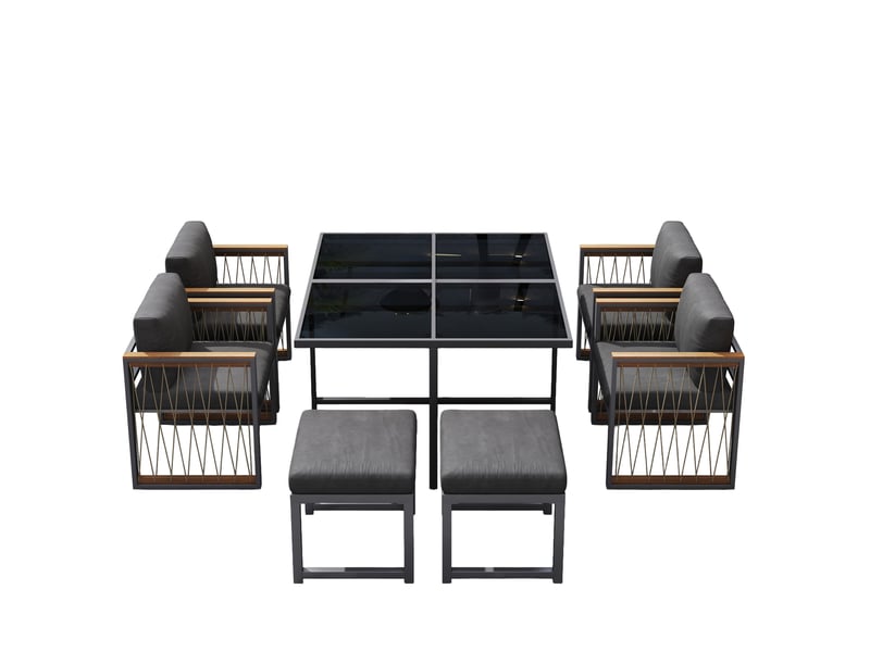  Salon de jardin,117x117 cm,7 pièces 6 places,verre trempé,noir naturel  - Conforama A