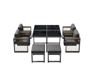 Salon de jardin,117x117 cm,7 pièces 6 places,verre trempé,noir naturel