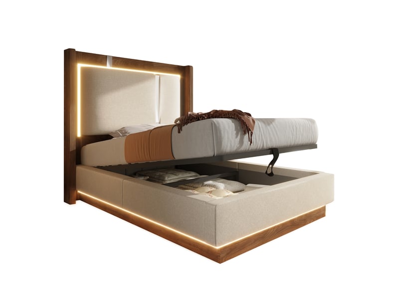 Lit coffre hydraulique 90x200 cm équipé de led, sommier à lattes, rangement sous lit et tête de lit rembourrée - beige et noyer (sans matelas) - Conforama A