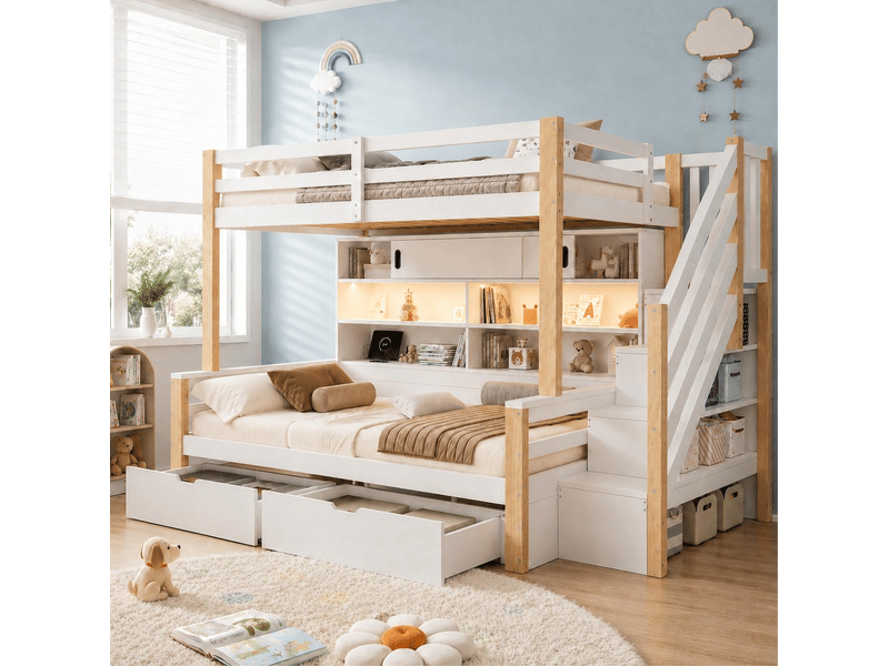  Lit superposé enfant 90x200 cm avec escalier de rangement blanc et naturel  - Conforama D