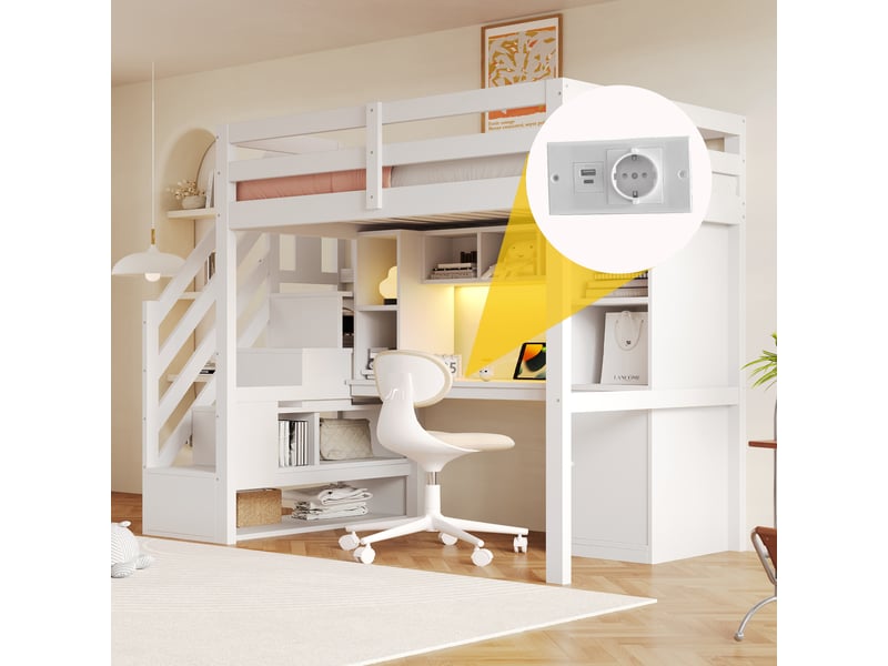  Lit mezzanine enfant 90×200 cm avec escalier, bureau, rangements, led et prises -  sans matelas, bois - blanc  - Conforama C
