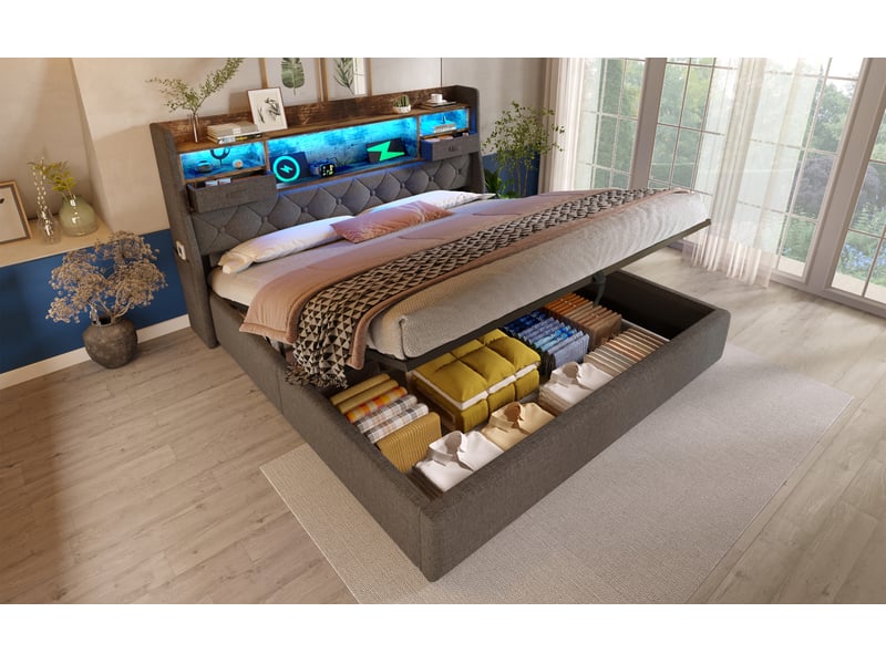  Lit 140x200 cm avec coffre hydraulique et led intégrée – sommier et matelas inclus, tissu gris  - Conforama B