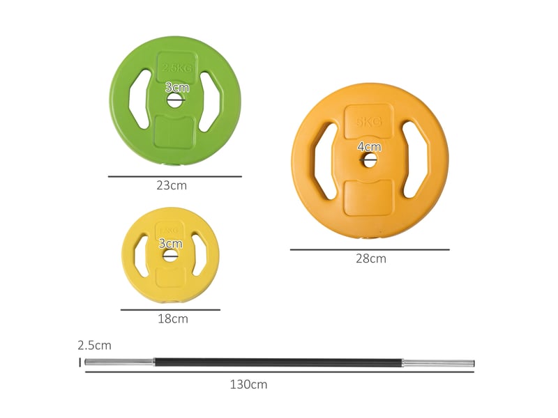Barre et disques antidérapants de 20 kg avec 6 disques et 2 clips de fixation, ø28 x 130 cm, multicolores - Conforama E