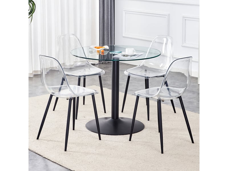  Ensemble table à manger avec 4 chaises, table ronde en verre trempé 85 cm, sièges transparents et piètement en métal noir  - Conforama C