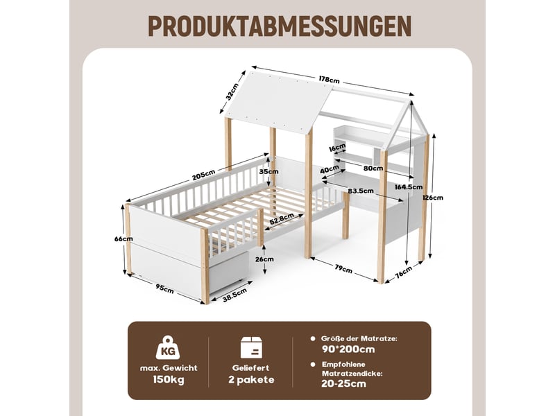 Lit enfant maison multifonction 90x200 cm, bureau l, étagère, tiroirs, blanc, bois - Conforama C