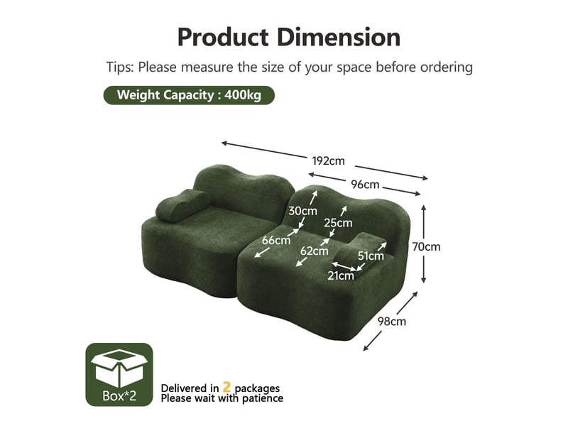 Canapé modulaire 2 places sans armature avec assise profonde et accoudoirs ergonomiques en velours vert - Conforama E