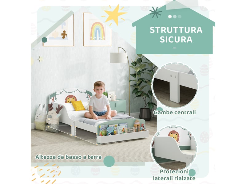  Lit enfant bas en bois avec barrières latérales, rangement au pied, vert 150x77x60 cm  - Conforama R