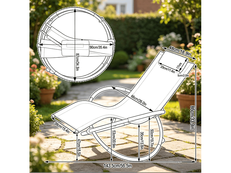  Chaise longue à bascule noire en textilène, structure métal, coussins amovibles et accoudoirs rembourrés  - Conforama C