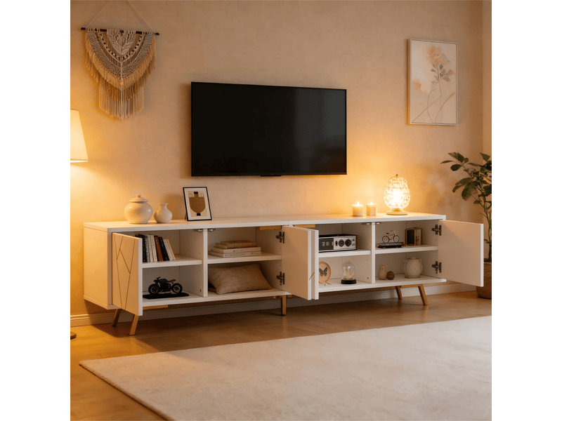  Meuble tv 190 cm pour écran 85 pouces, meuble tv blanc et or avec 4 portes, 190x40x51,5cm, panneaux et métal.  - Conforama E