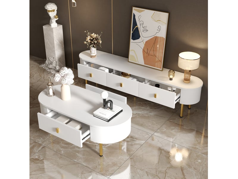 Ensemble meuble tv et table basse blancs en mdf, tiroirs et détails dorés, style chic pour le salon - Conforama B